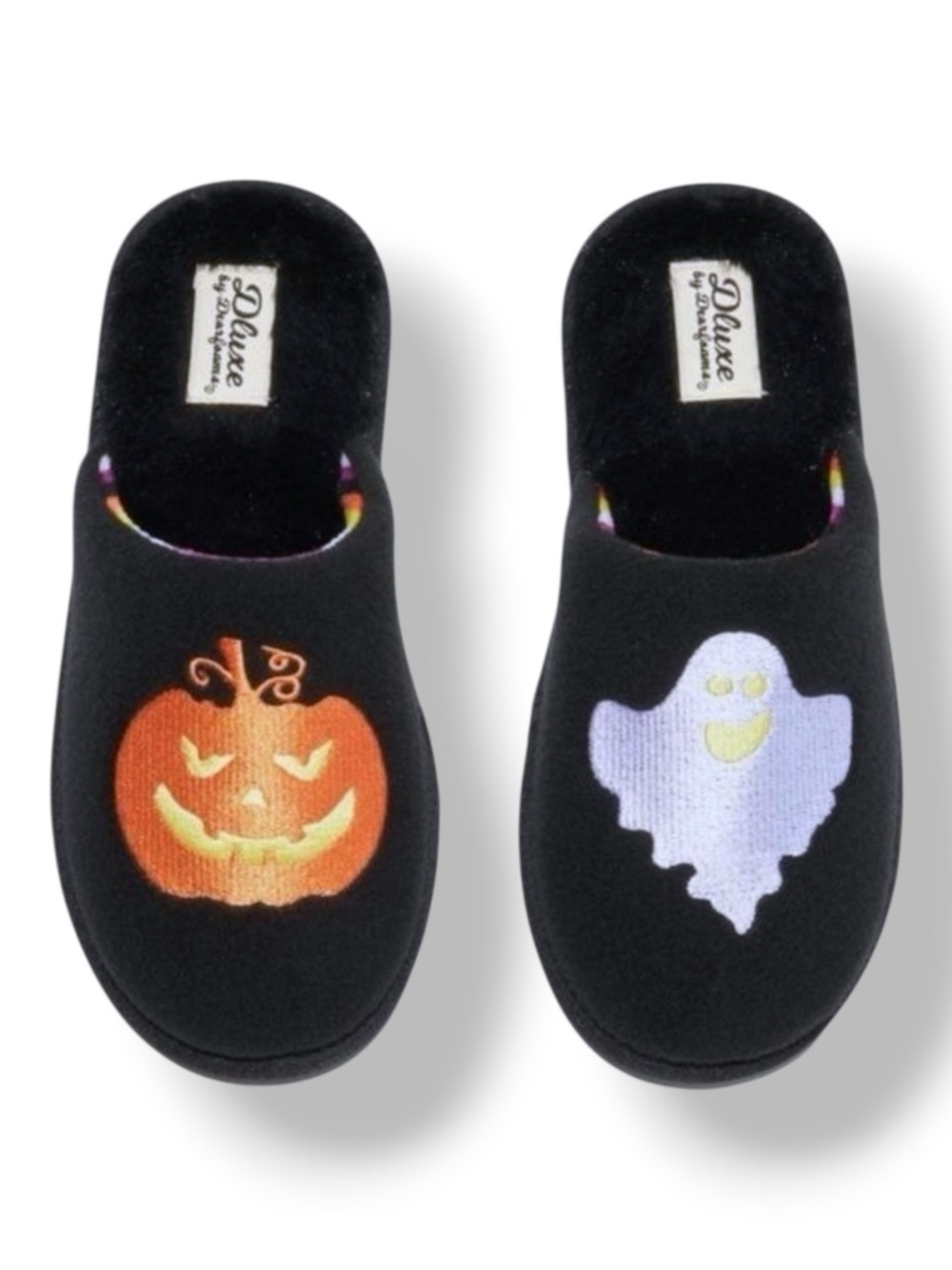 Dluxe by Dearfoams Women’s Halloween Pumpkin Ghost Slippers Black Memory Foam